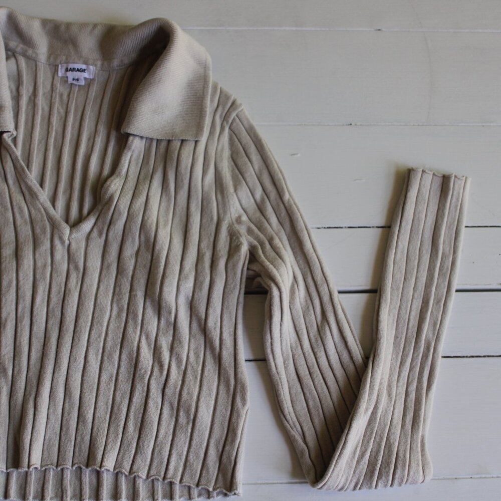 Cream / Beige Cropped Long Sleeve Polo Shirt